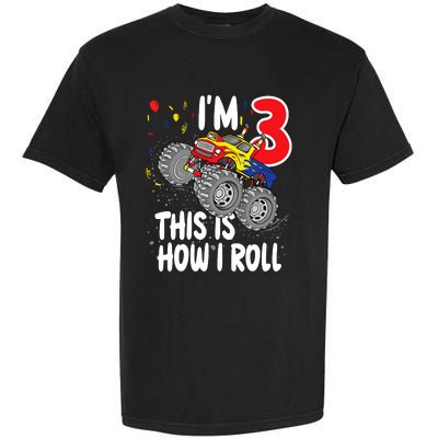  3 Year Old 3rd Birthday Boy Monster Truck Car Garment-Dyed Heavyweight T-Shirt