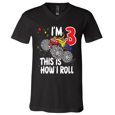  3 Year Old 3rd Birthday Boy Monster Truck Car V-Neck T-Shirt