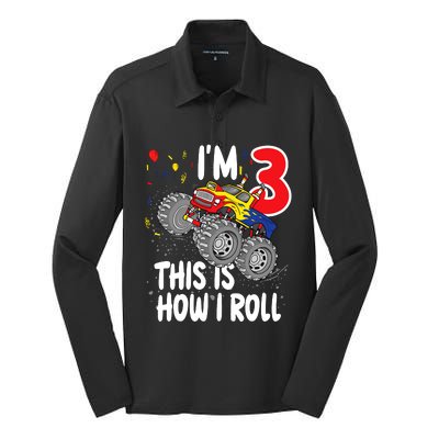  3 Year Old 3rd Birthday Boy Monster Truck Car Silk Touch Performance Long Sleeve Polo