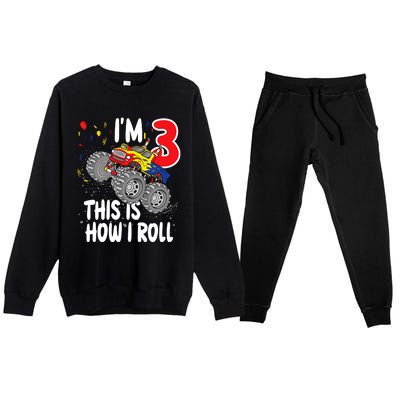  3 Year Old 3rd Birthday Boy Monster Truck Car Premium Crewneck Sweatsuit Set