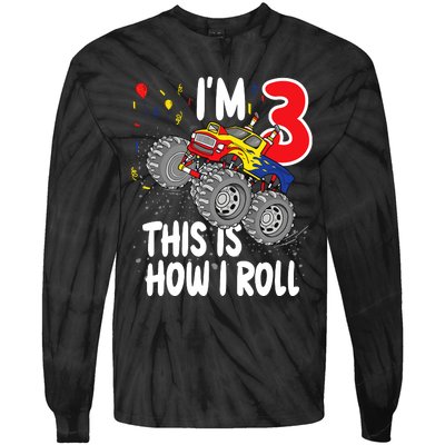  3 Year Old 3rd Birthday Boy Monster Truck Car Tie-Dye Long Sleeve Shirt