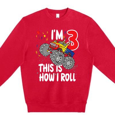  3 Year Old 3rd Birthday Boy Monster Truck Car Premium Crewneck Sweatshirt