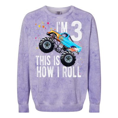 3 Year Old 3rd Birthday Boy Monster Truck Car Colorblast Crewneck Sweatshirt