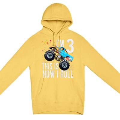 3 Year Old 3rd Birthday Boy Monster Truck Car Premium Pullover Hoodie