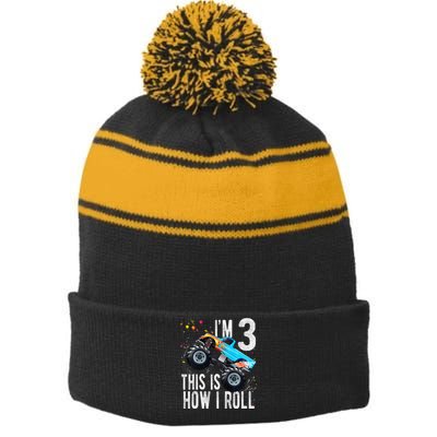 3 Year Old 3rd Birthday Boy Monster Truck Car Stripe Pom Pom Beanie