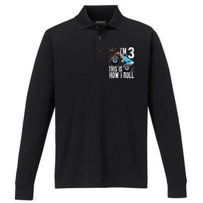 3 Year Old 3rd Birthday Boy Monster Truck Car Performance Long Sleeve Polo