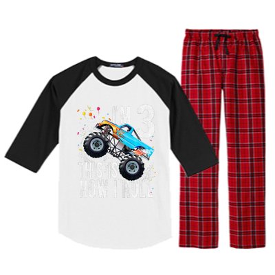 3 Year Old 3rd Birthday Boy Monster Truck Car Raglan Sleeve Pajama Set