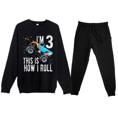 3 Year Old 3rd Birthday Boy Monster Truck Car Premium Crewneck Sweatsuit Set