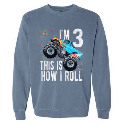 3 Year Old 3rd Birthday Boy Monster Truck Car Garment-Dyed Sweatshirt