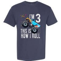 3 Year Old 3rd Birthday Boy Monster Truck Car Garment-Dyed Heavyweight T-Shirt