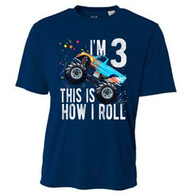 3 Year Old 3rd Birthday Boy Monster Truck Car Cooling Performance Crew T-Shirt