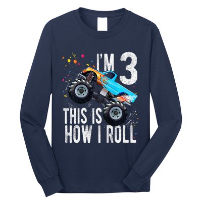 3 Year Old 3rd Birthday Boy Monster Truck Car Long Sleeve Shirt