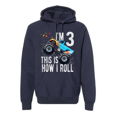 3 Year Old 3rd Birthday Boy Monster Truck Car Premium Hoodie