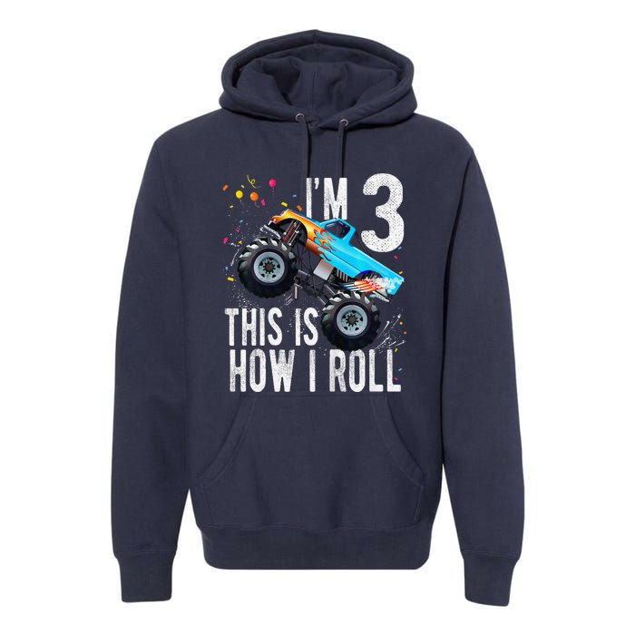 3 Year Old 3rd Birthday Boy Monster Truck Car Premium Hoodie