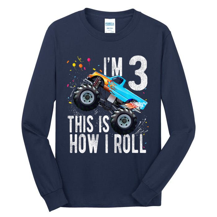 3 Year Old 3rd Birthday Boy Monster Truck Car Tall Long Sleeve T-Shirt