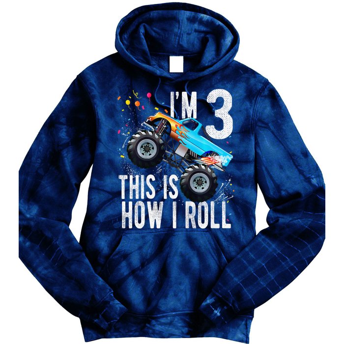 3 Year Old 3rd Birthday Boy Monster Truck Car Tie Dye Hoodie