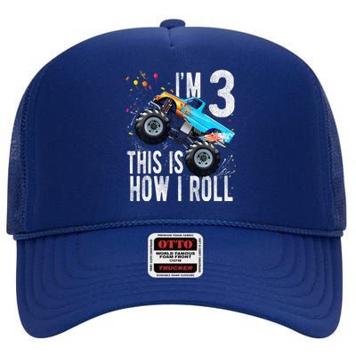 3 Year Old 3rd Birthday Boy Monster Truck Car High Crown Mesh Back Trucker Hat