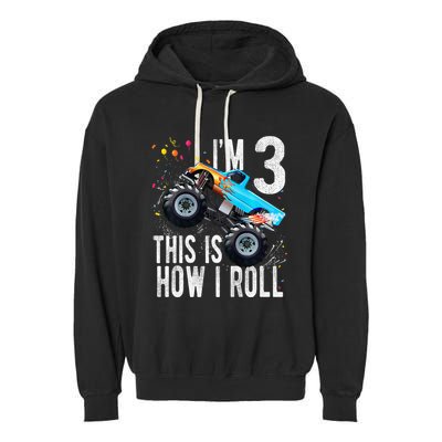 3 Year Old 3rd Birthday Boy Monster Truck Car Gift Garment-Dyed Fleece Hoodie