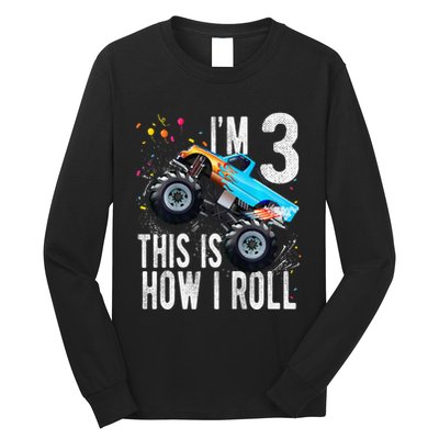 3 Year Old 3rd Birthday Boy Monster Truck Car Gift Long Sleeve Shirt