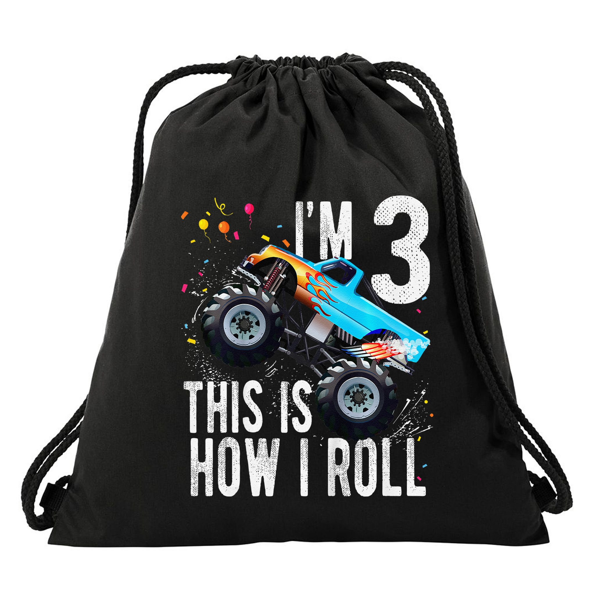 3 Year Old 3rd Birthday Boy Monster Truck Car Gift Drawstring Bag