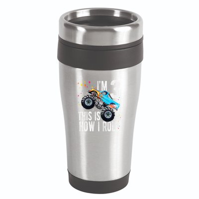 3 Year Old 3rd Birthday Boy Monster Truck Car Gift 16oz Travel Tumbler
