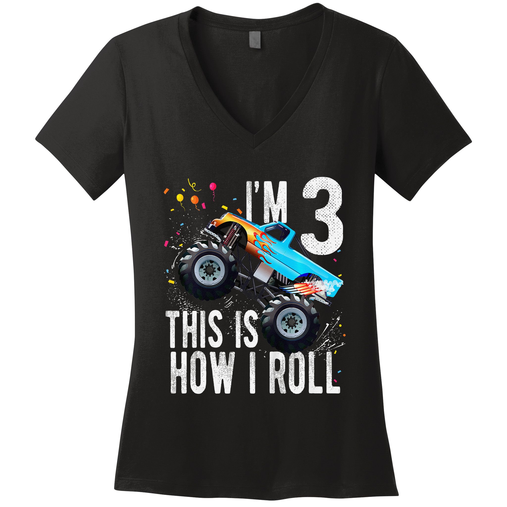 3 Year Old 3rd Birthday Boy Monster Truck Car Gift Women's V-Neck T-Shirt
