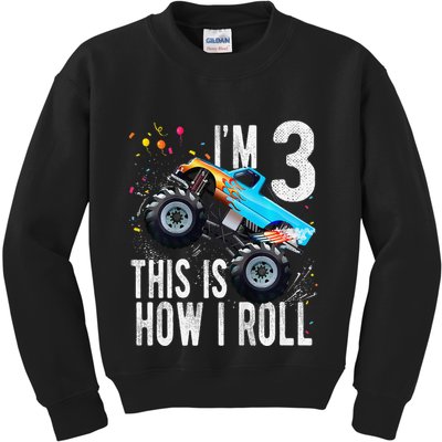 3 Year Old 3rd Birthday Boy Monster Truck Car Gift Kids Sweatshirt