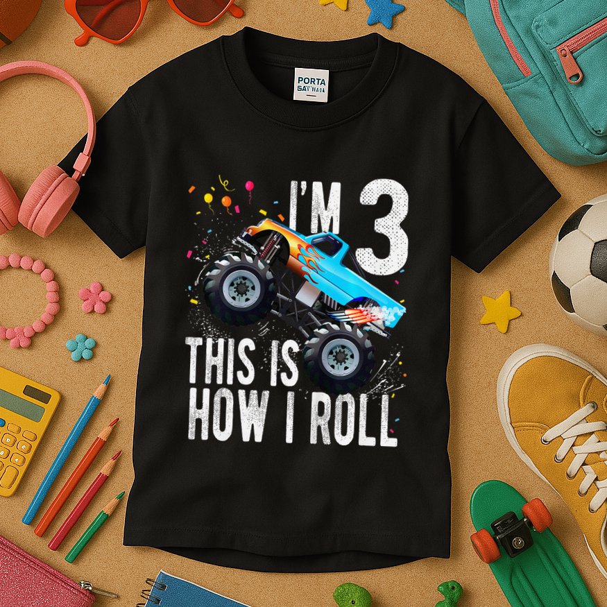 3 Year Old 3rd Birthday Boy Monster Truck Car Gift Kids T-Shirt