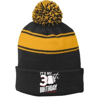 30 Years Old Vintage Baseball 30th Birthday Stripe Pom Pom Beanie