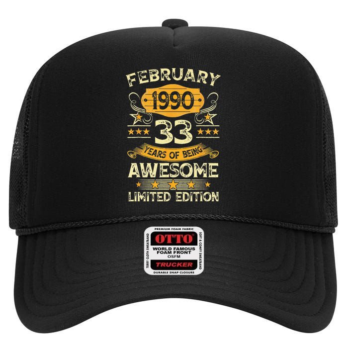 33 Years Old Gifts Vintage February 1990 33rd Birthday High Crown Mesh Back Trucker Hat