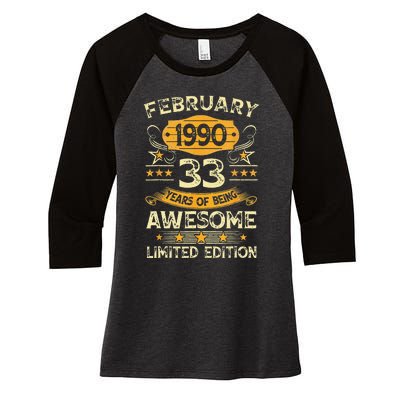 33 Years Old Gifts Vintage February 1990 33rd Birthday Women's Tri-Blend 3/4-Sleeve Raglan Shirt