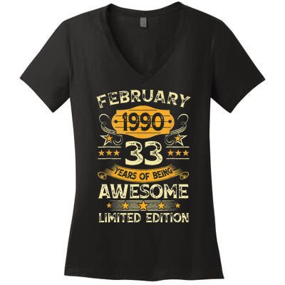 33 Years Old Gifts Vintage February 1990 33rd Birthday Women's V-Neck T-Shirt