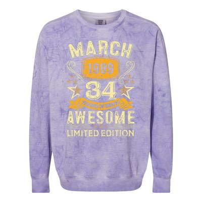 34 Year Old Awesome Since March 1989 34th Birthday Gifts Colorblast Crewneck Sweatshirt