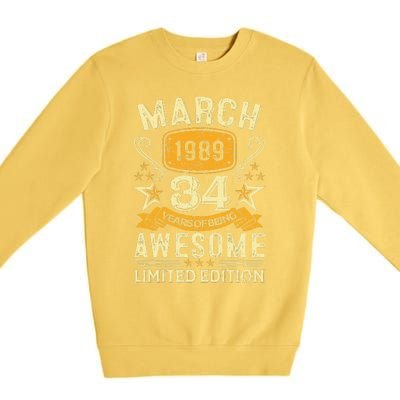 34 Year Old Awesome Since March 1989 34th Birthday Gifts Premium Crewneck Sweatshirt