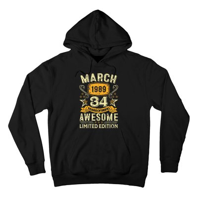 34 Year Old Awesome Since March 1989 34th Birthday Gifts Hoodie