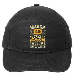 34 Year Old Awesome Since March 1989 34th Birthday Gifts 7-Panel Snapback Hat