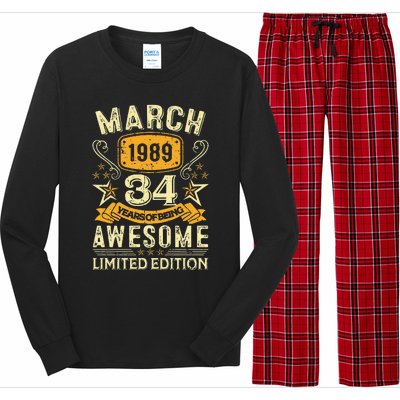 34 Year Old Awesome Since March 1989 34th Birthday Gifts Long Sleeve Pajama Set