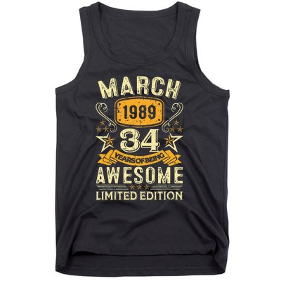 34 Year Old Awesome Since March 1989 34th Birthday Gifts Tank Top