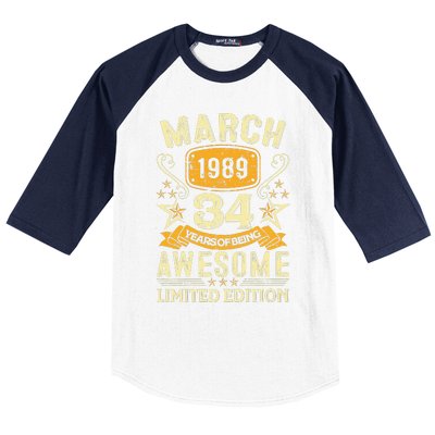 34 Year Old Awesome Since March 1989 34th Birthday Gifts Baseball Sleeve Shirt