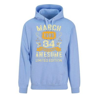 34 Year Old Awesome Since March 1989 34th Birthday Gifts Unisex Surf Hoodie