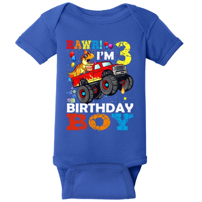 3 Year Old Funny Gift 3rd Birthday Boy Dinosaur Monster Truck Gift Baby Bodysuit