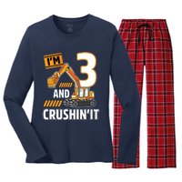 3 Year Old Vehicles Construction Excavator Birthday 3rd Women's Long Sleeve Flannel Pajama Set 