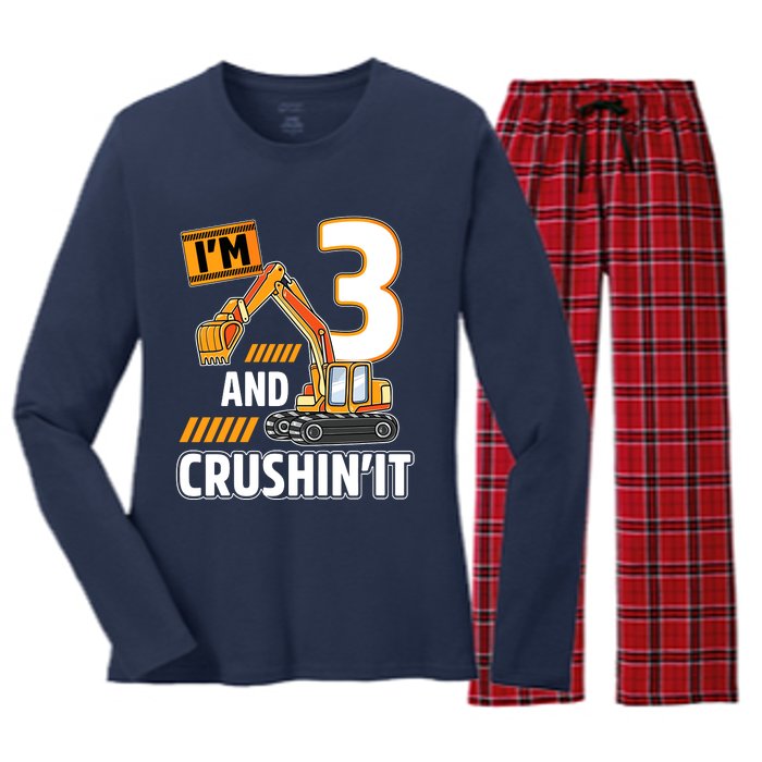 3 Year Old Vehicles Construction Excavator Birthday 3rd Women's Long Sleeve Flannel Pajama Set 