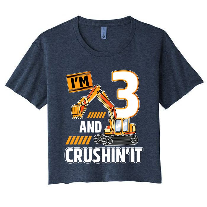 3 Year Old Vehicles Construction Excavator Birthday 3rd Women's Crop Top Tee