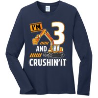 3 Year Old Vehicles Construction Excavator Birthday 3rd Ladies Long Sleeve Shirt