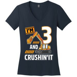 3 Year Old Vehicles Construction Excavator Birthday 3rd Women's V-Neck T-Shirt