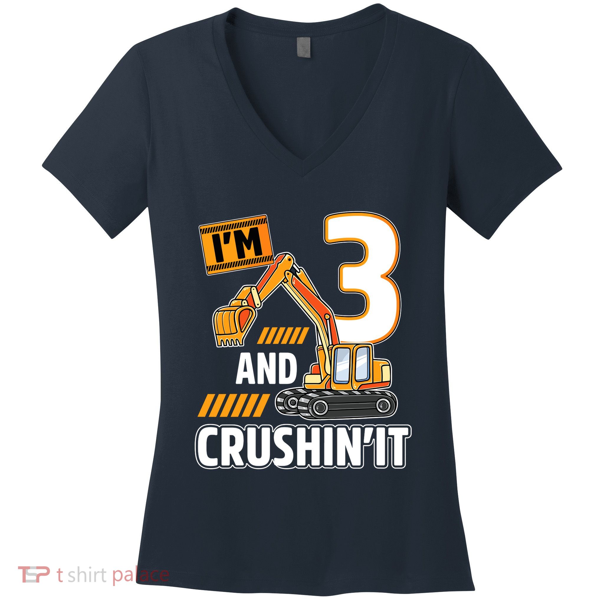 3 Year Old Vehicles Construction Excavator Birthday 3rd Women's V-Neck T-Shirt