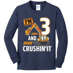 3 Year Old Vehicles Construction Excavator Birthday 3rd Kids Long Sleeve Shirt