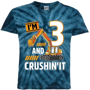 3 Year Old Vehicles Construction Excavator Birthday 3rd Kids Tie-Dye T-Shirt