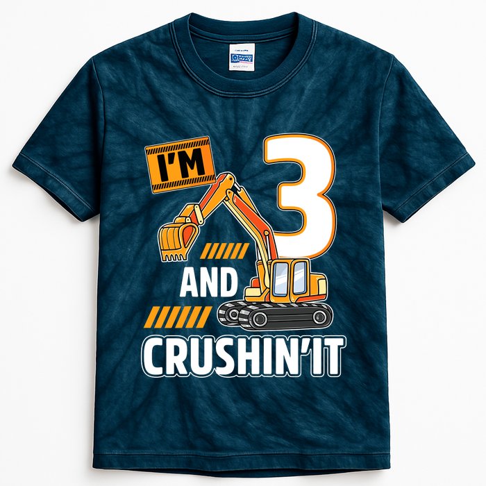 3 Year Old Vehicles Construction Excavator Birthday 3rd Kids Tie-Dye T-Shirt